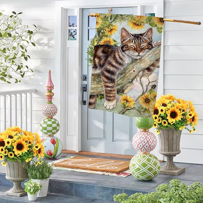 BLKWHT Summer Cat House Flag 28 x 40 Vertical Double Sided Yellow Sunflower Spring Farmhouse Holiday Outside Decorations Burlap Yard Flag BW640-40