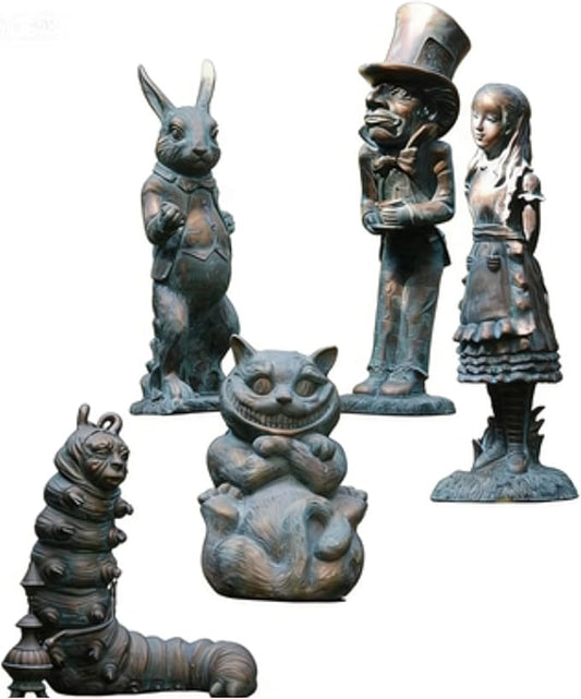 Alice in Wonderland Outdoor Statues 5 PCS Set | Ideal Wonderland Gifts & Party Decor - Durable Resin Figurines for Garden, Patio, Lawn & Indoor Alice in Wonderland Decor