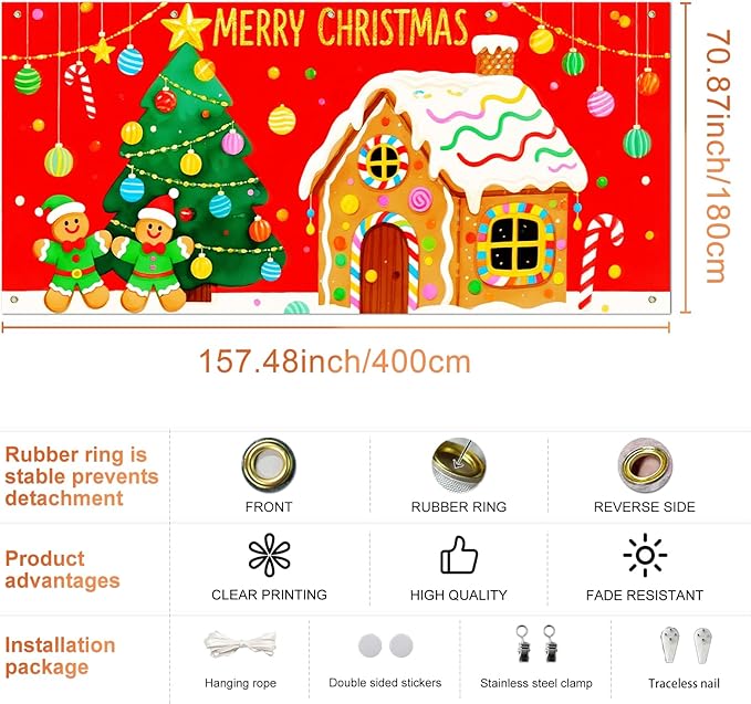 IVN Merry Christmas Garage Door Banner 13x6ft Gingerbread House Christmas Tree Candy Decoration Outdoor Winter Photo Prop for Holiday Yard Garage Door Scene