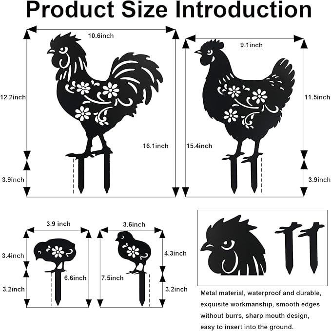 Flohuaer Chicken Metal Decorative Garden Stakes 4pcs Chicken for Women/Men Chicken Lovers Gifts Silhouette Statues for Outside Yard Art Outdoor Patio Lawn Ornaments Garden Decorations
