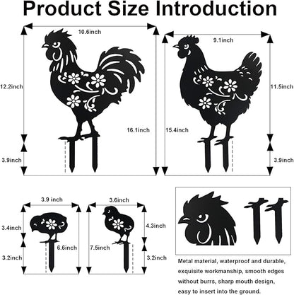 Flohuaer Chicken Metal Decorative Garden Stakes 4pcs Chicken for Women/Men Chicken Lovers Gifts Silhouette Statues for Outside Yard Art Outdoor Patio Lawn Ornaments Garden Decorations