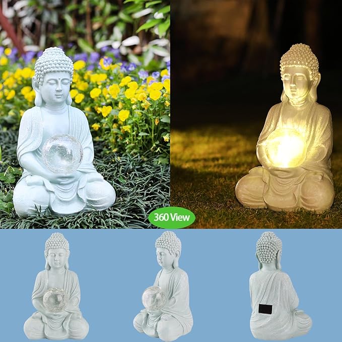 Buddha Garden Statue with Solar Light, Solar Meditating Garden Buddha with Cracked Glass Ball Sculpture-Indoor/Outdoor Decor for Balcony,Patio,Porch Yard Art Ornament,Gift