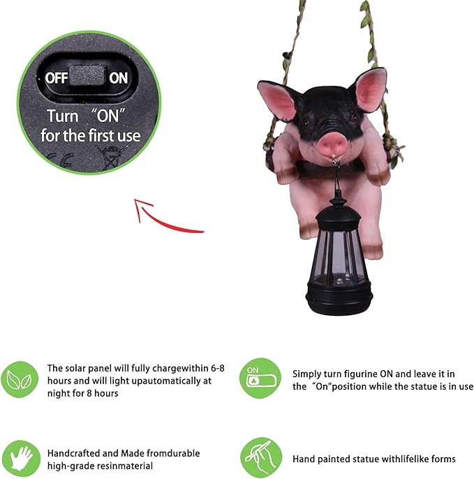 Hanging Pig Garden Lantern, Solar Pig Sculpture Outdoor Resin Garden Decoration, Weather-Resistant Animal Statue for Porch, Patio, and Walkway