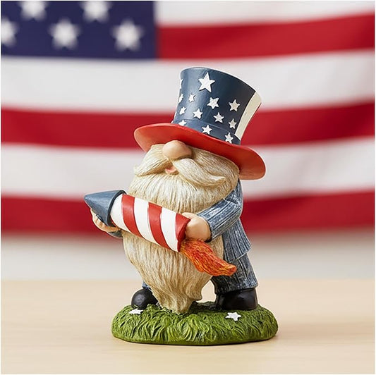 Patriotic Garden Gnome Statue with Firework – Resin Fourth of July Gnome Decoration for Yard, Garden & Home, Independence Day Decor
