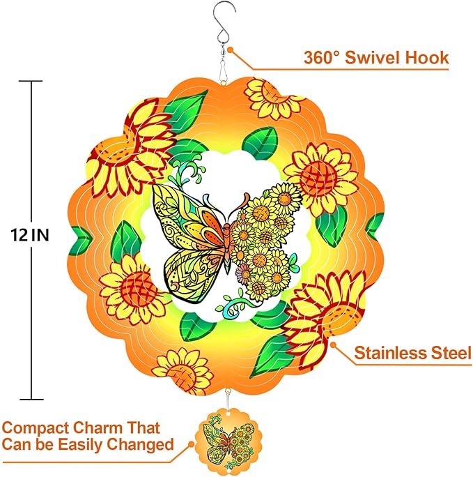 Butterfly Wind Spinners Hanging for Yard and Garden,12 inch 3D Metal Sunflower Outdoor Wind Sculptures Decor Birthday Gifts for Women Mom, Grandma, Gardening for Patio, Lawn, Balcony Porch Decorations