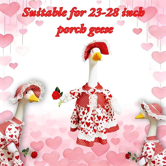 Romantic Porch Goose Dress - Heart-Patterned White Gown with Rose for 23-28" Geese, Ideal for Wedding Proposals, Bridal Events & Couple's Celebrations