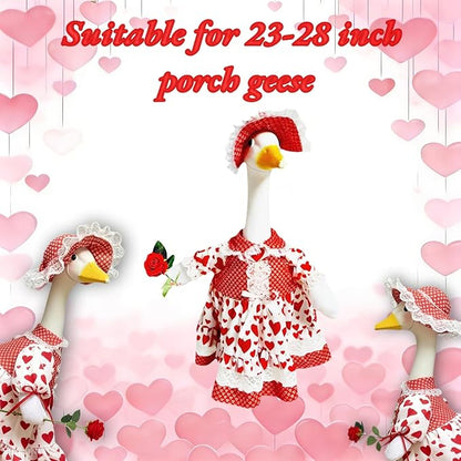 Romantic Porch Goose Dress - Heart-Patterned White Gown with Rose for 23-28" Geese, Ideal for Wedding Proposals, Bridal Events & Couple's Celebrations