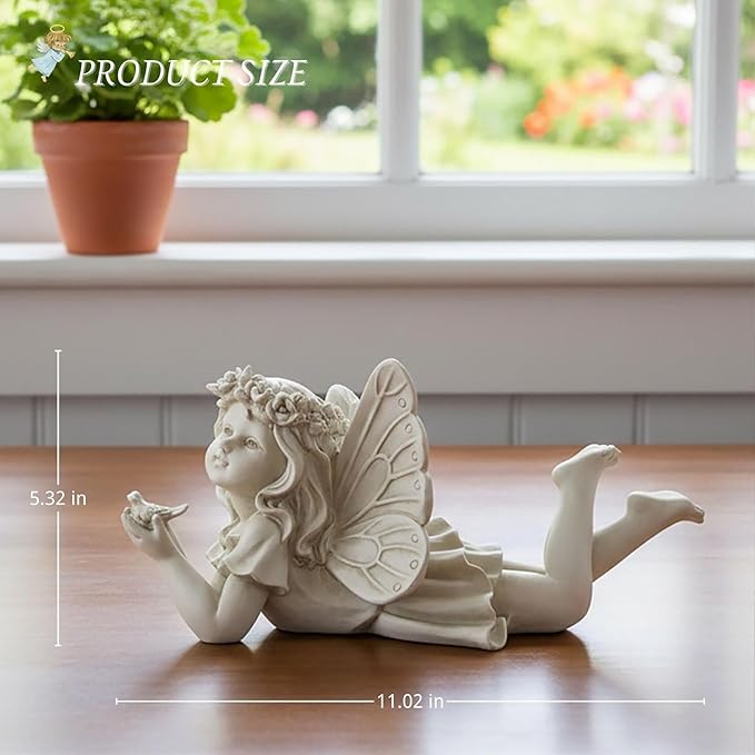 Lying Fairy Garden Statue with Bird – Resin Angel Figurine for Outdoor Garden Decor, Fairy Garden Sculpture for Yard, Patio or Flower Bed – 11" Garden Fairy Figurine
