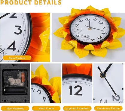 3D Metal Sunflower Wall-Mounted Outdoor Clock Thermometer and Hygrometer Combo，11 Inch Wall Clock Waterproof Quartz Clock Silent No-Ticking for Patio,Kitchen, Living Room,bedrooms,Garden