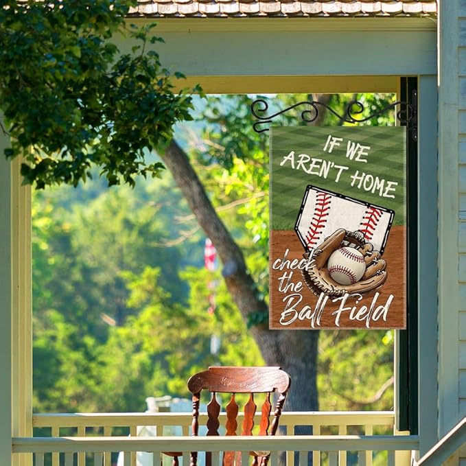 If We Aren't Here Check The Ball Field Baseball Sport Garden Flag, 12x18 in Double Sided Outdoor Decor Yard Flags, Funny Gifts for Baseball Lovers Softball Lover, Softball Mom Dad Gifts
