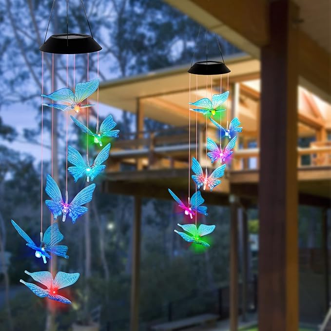 SAND MINE Solar Wind Chimes, Outdoor Butterfly Wind Chimes, Color Changing LED Mobile Wind Chime, Outdoor Waterproof LED Solar Light for Porch Deck Garden Patio Decor, Blue