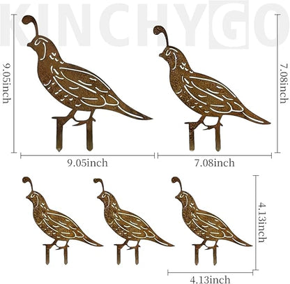 5 Pack Rusty Quail Family Decorative Garden Stakes Metal Birds Statues for Yard Decor Lawn Ornaments