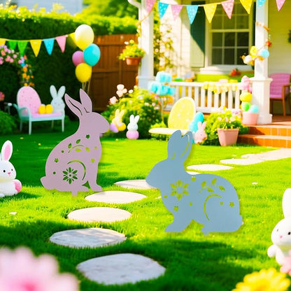 2 Pcs Easter Bunny Yard Signs Iron Rabbit Silhouette Decoration Pink and Blue Metal Rabbit Yard Art for Outdoor Lawn Garden Spring Decor