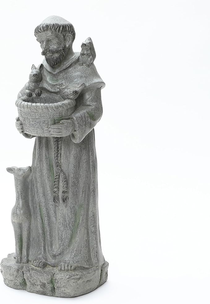LuxenHome Outdoor St. Francis Statues, 27.6" Saint Francis of Assisi MgO Garden Statue with Animal & Birdbath Bowl, Religious Statues for Patio Yard Home Decor, Outdoor Garden Sculptures