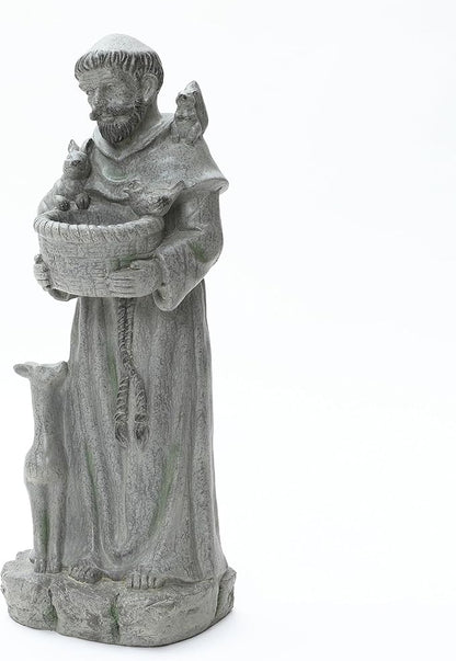 LuxenHome Outdoor St. Francis Statues, 27.6" Saint Francis of Assisi MgO Garden Statue with Animal & Birdbath Bowl, Religious Statues for Patio Yard Home Decor, Outdoor Garden Sculptures