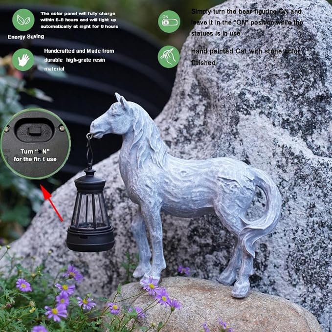 Solar Garden Horse Figurines, Horse with Solar Lantern, Whimsical Outdoor Indoor Decor, Grey