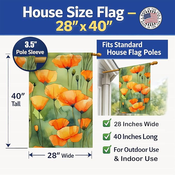 Caroline's Treasures California California Poppies in Watercolor House Flag Large Porch Sleeve Pole Decorative Outside Yard Banner Artwork Wall Hanging, Polyester, House Size, Multicolor