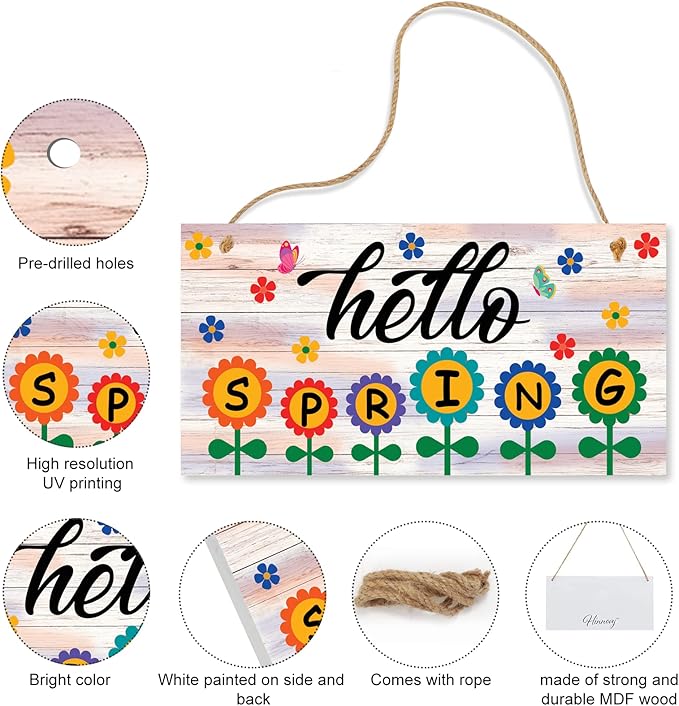 Hello Spring Sign – Hanging Farmhouse Wall Decor for Front Door, Kitchen, Living Room, Patio – Butterfly Indoor & Outdoor Holiday Decoration – House Warming Gifts New Home (Hello Spring 02)