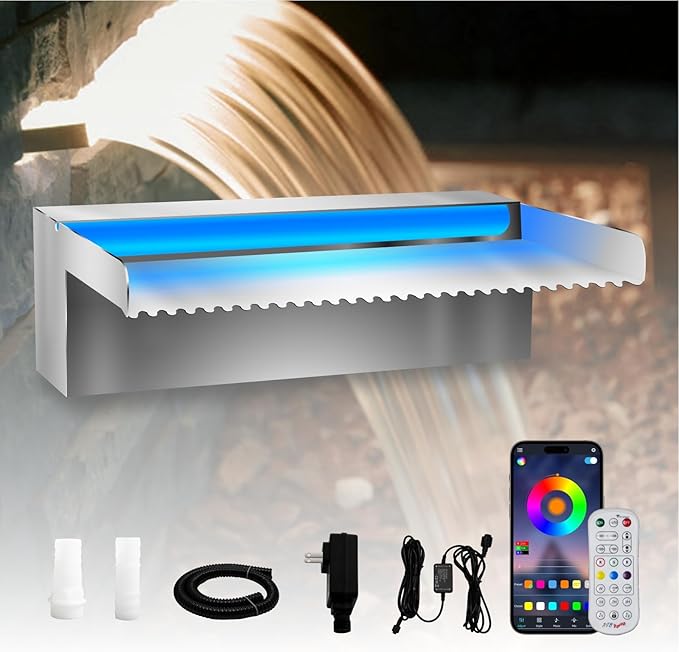 Pamopamo Pool Waterfall Spillway Stainless Steel Koi Pond Fountain, APP Control LED Lighted Waterfalls Kit, Outdoor Water Flow Fountains for Garden Swimming Pool Decoration-11.8"x7.8"x3.9"