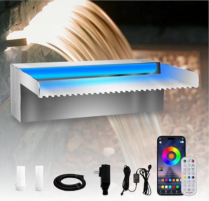 Pamopamo Pool Waterfall Spillway Stainless Steel Koi Pond Fountain, APP Control LED Lighted Waterfalls Kit, Outdoor Water Flow Fountains for Garden Swimming Pool Decoration-11.8"x7.8"x3.9"