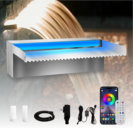 Pamopamo Pool Waterfall Spillway Stainless Steel Koi Pond Fountain, APP Control LED Lighted Waterfalls Kit, Outdoor Water Flow Fountains for Garden Swimming Pool Decoration-11.8"x7.8"x3.9"