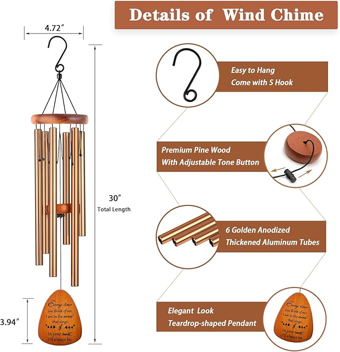 Soopau Memorial Gifts, Sympathy Wind Chimes Memorial Wind Chimes for Loss of Loved One Prime, Sympathy Gift, Bereavement/Remembrance Gifts in Memory of Loved One Mother Father, 30" Wooden