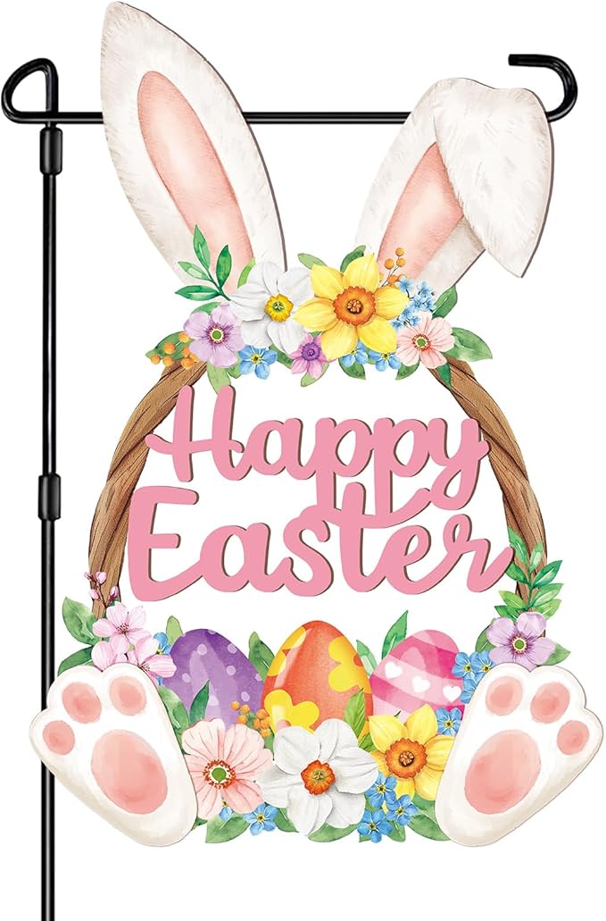 Easter Decorations Rabbit Garden Banner Double-Sided Printed Flag Bunny Yard Flags Bunting Outdoor House Yard Spring Seasonal Decoration Flower Egg