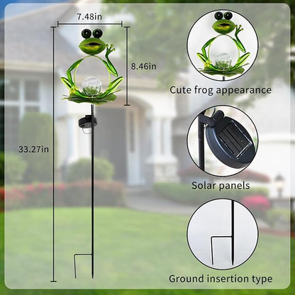 Frog Solar Garden Light, Waterproof Auto On/Off Path Lights Yard Art Ornament, Outdoor Iron Frog Decoration for Yard, Patio, Pathway (Green)