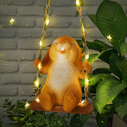 Thyle Solar Light Outdoor Bunny Statues 19" H Hanging Bunny on Swing with LED Light Spring Decorations Outdoor Resin Waterproof Hanging Animal Figurine with Hook for Yard Garden Wall Gift