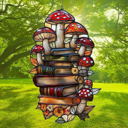 Forest Mushroom Books Acrylic Suncatcher Stained Glass Effect Window Car Hanging Christmas Ornament Indoor Outdoor Decor Garden Sun Catcher Panel for Book Lover for Women Mom Grandma