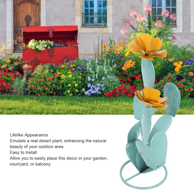 Cactus Statue Decor,Iron Easy Installation Prickly Pear Cactus Sculpture with Flowers Garden Decoration for Garden Yard Lawn Patio