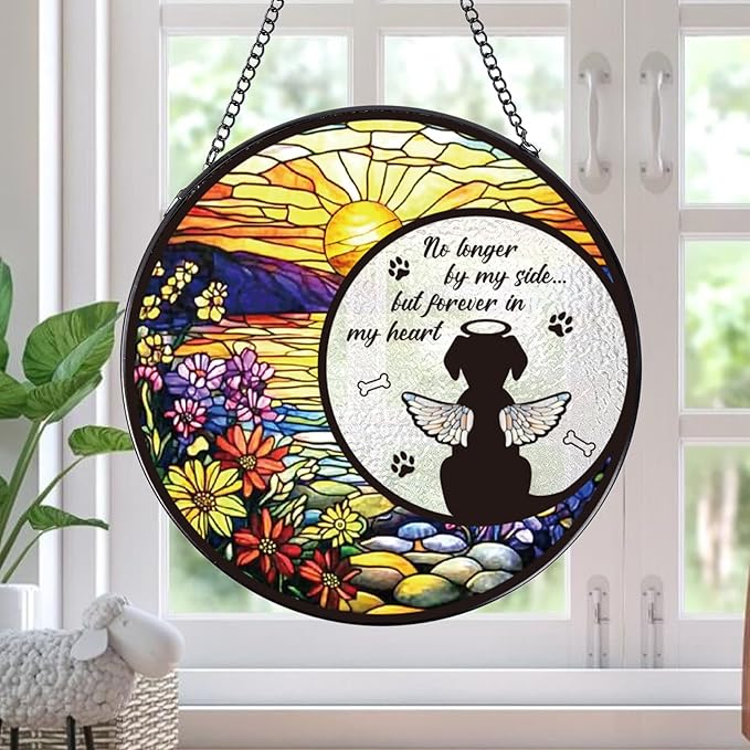 Dog Stained Glass Window Hanging, Animal Catchers Indoor Window Gifts for Loss of Dog Sympathy Remembrance, Angel Wings Pet Loss Bereavement Gift for Home Garden Doors Christmas