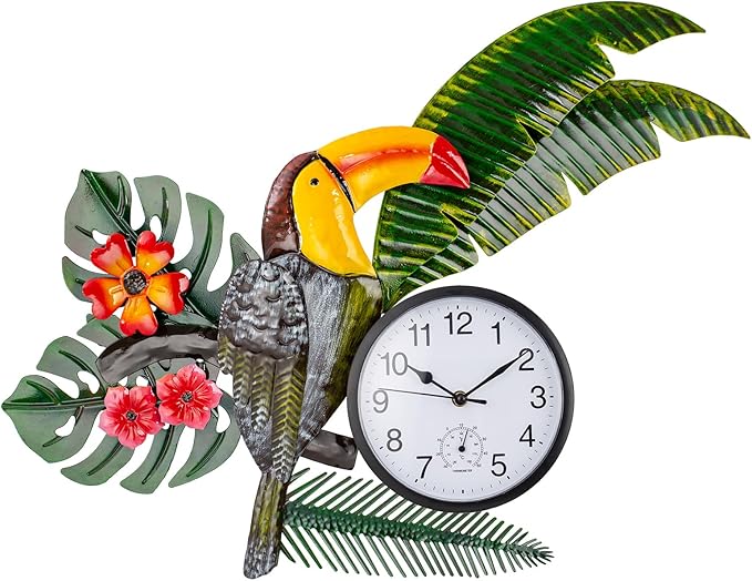 Toucan Outdoor Clock Silent Non-Ticking, Indoor Outdoor Clock and Thermometer Combo, Outside Wall Clock Metal Wall Art Decor for Patio, Garden, Home Decor