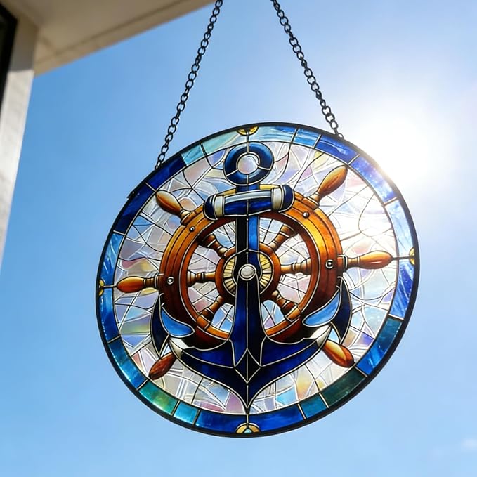 Nautical Stained Glass Anchor & Helm Suncatcher, Window/Door Decor for Coastal - Style Homes, Ideal Gift for Sea Lovers, Grandma, Girlfriend