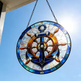 Nautical Stained Glass Anchor & Helm Suncatcher, Window/Door Decor for Coastal - Style Homes, Ideal Gift for Sea Lovers, Grandma, Girlfriend