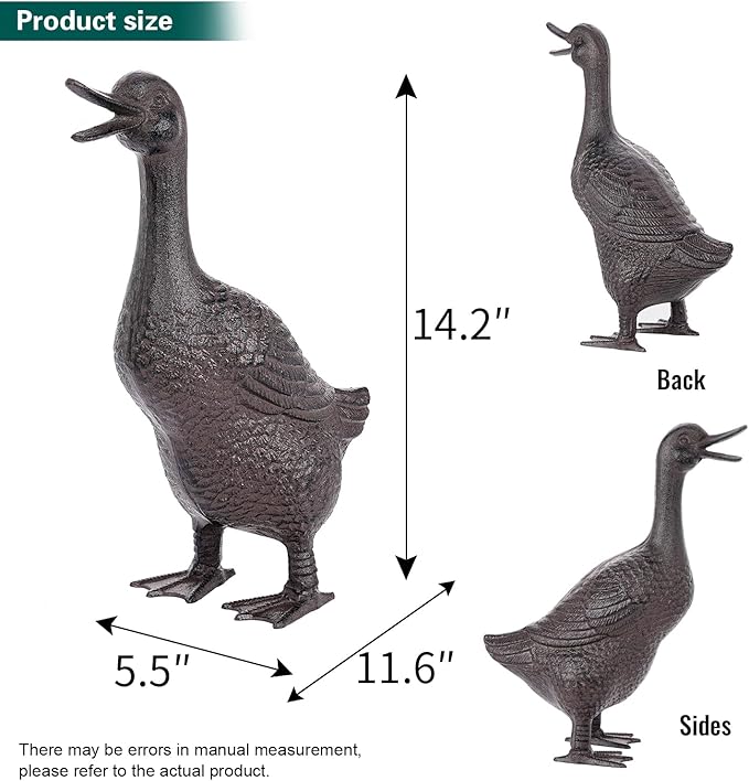 Sungmor Vintage Cast Iron Duck Garden Statue - 15.7" Tall Heavy Duty Outdoor Mother Duck Figurine, Rustic Animal Sculpture for Lawn, Patio, Yard - Antique Brown Finish, Farmhouse Home Decoration