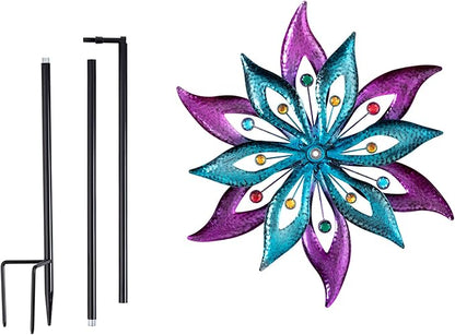 Alpine Corporation 64" Tall Outdoor Floral Windmill Stake with Gems Kinetic Spinner, Purple and Aqua