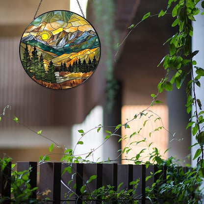 Mountain Range Sun Catcher Stained Glass Window Hanging for Women Wall DecorHandmade Sun Catcher Decoration for Garden Home Housewarming Gifts, 7.87inch