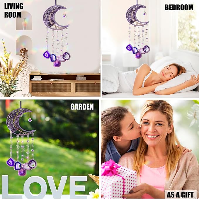 Amethyst Wind Chimes with Bracelet, 26” Amethyst Crystal Suncatcher, Heartfelt Wind Chime for Mom, Mother Birthday Gifts, Mom Gifts