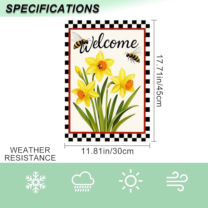 IVN Welcome Garden Flag 12x18 Inch Double Sided Spring Summer Garden Yard Flags Daffodils Bees Decorative Small Flags for Outdoor Seasonal Front Door Lawn Porch Patio Decor Yard Flag