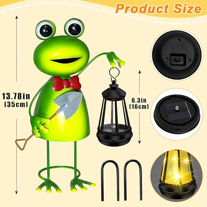 Solar Garden Lights Frog Statue with Solar Lantern Lights,13.78in Tall Frog Decor Fairy Accessories,Birthday Gifts for Women Mom Grandma,Big Metal Decorative Stakes for Home decor,Patio,Porch,Yard Art