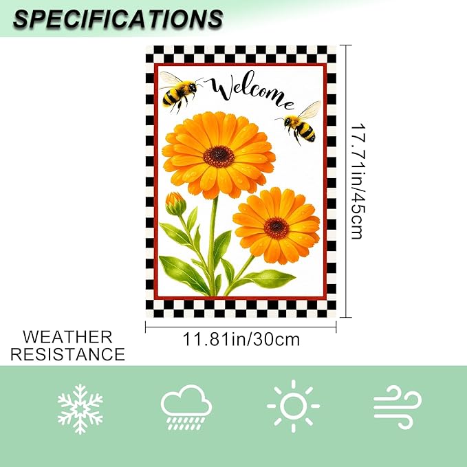 IVN Welcome Garden Flag 12x18 Inch Double Sided Spring Summer Garden Yard Flags Orange Gerbera Daisy Flowers Bees Decorative Small Flags for Outdoor Seasonal Front Door Lawn Porch Patio Decor Yard Flag