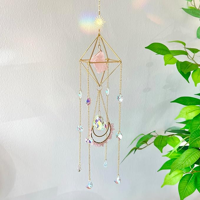 Crystal Suncatcher Rose Quartz, St Valentines Gift Spiritual, Sun Catcher Hanging for Windows, Rainbow Maker, Garden Home Decor, Natural Gemstone Boho Decor (Rose Quartz)