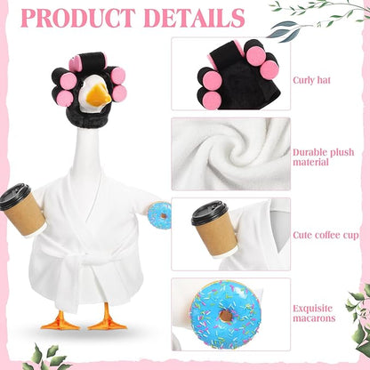 Shyyween Winter Goose Outfit Lady Porch Goose Outfit for 23'' Cement Plastic Geese Statue Clothes White Bathrobe Curlers Coffee Cup for Outdoor Garden Lawn Yard Patio Decoration