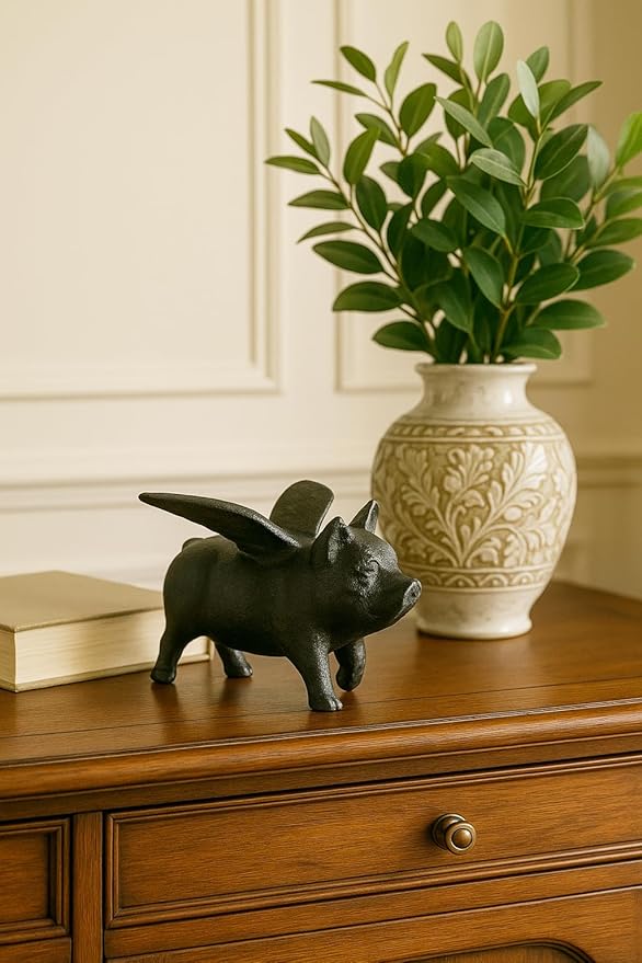 NACH Cast Iron Flying Pig Garden Statue - Black Door Stopper, Rustic Decor Sculpture, Paperweight, Outdoor Statue - 5.5x3.5x3.9 Inch, JS-92-040
