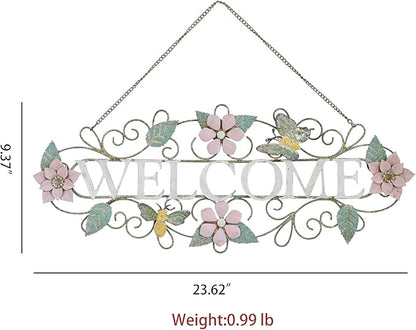 Queltharion 23.6'' L Vintage Metal Welcome Sign Hanging Decor Rustic Distressed Butterfly Bee Flora Welcome Wall Art Decoration for Outdoor Front Door Garden Farmhouse Porch Patio Yard Plaque Pink
