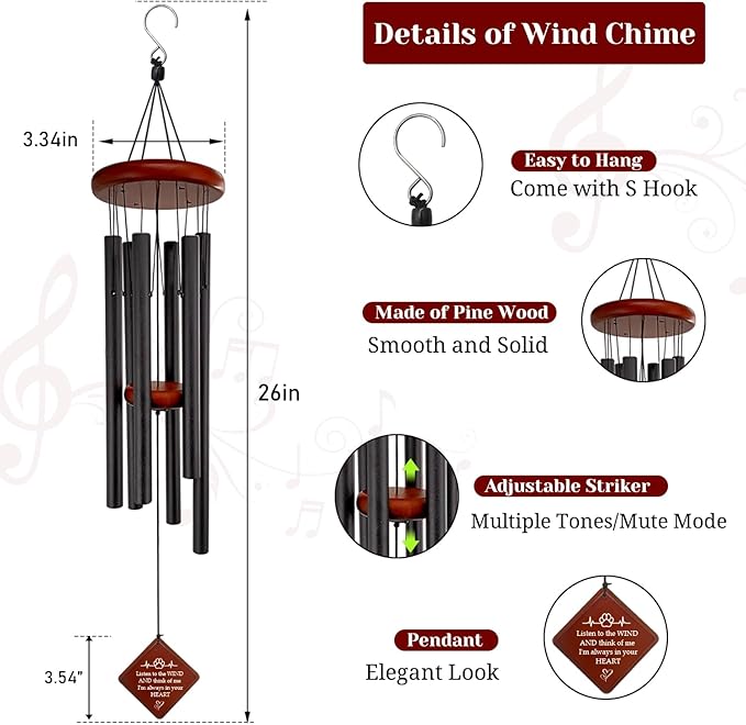 Pet Memorial Gifts for Loss of Dog, 26" pet Memorial Wind Chimes for Outside, Loss of Dogs Sympathy Gift, Listen to The Wind in Memory of Pets Windchimes for Garden