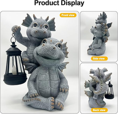 Solar Garden Outdoor Statues Lantern Figurines Light Decorations for Outdoor Patio Balcony Yard Lawn, Ideal Gifts for Mom Friends (Cement Gray- Dragon)