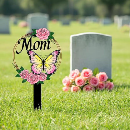 Butterfly Memorial Grave Stake for Mom - Metal Cemetery Decoration with MOM Letters, Sympathy Grave Marker, Rust-Resistant Outdoor Tribute(Butterfly Mom)