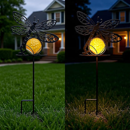 Dragonfly Solar Lights Outdoor Decorations, 2 Pack Metal Iron Solar Stake Lights for Yard, Garden, Lawn Decor